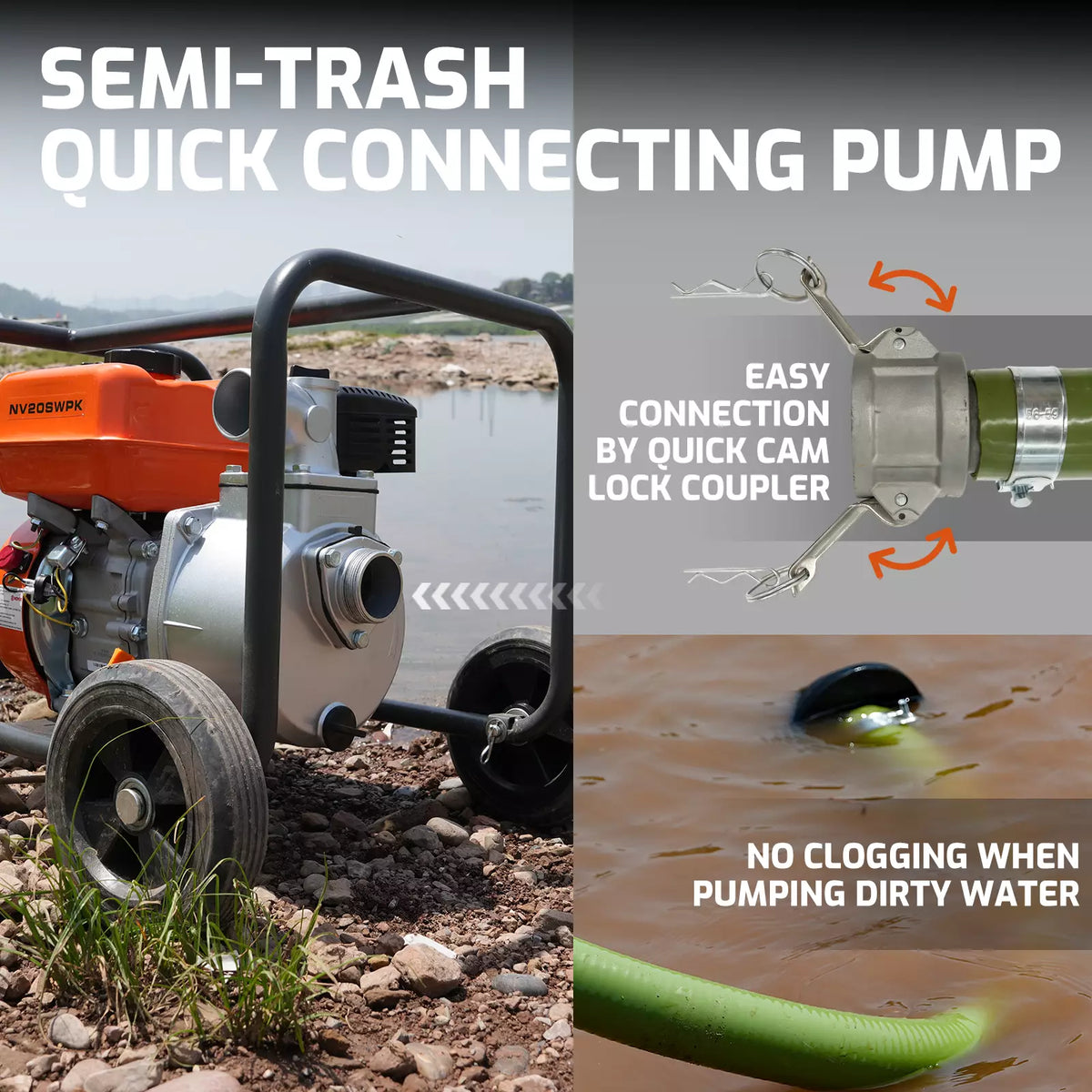 NOVUS 2-inch Semi Trash Pump, 212cc 4 Cycle Engine, 141 GPM 100ft Lift 23ft Suction, Gas Powered Water Pump for Pond Pool Draining Gardening Irrigation,EPA Certified