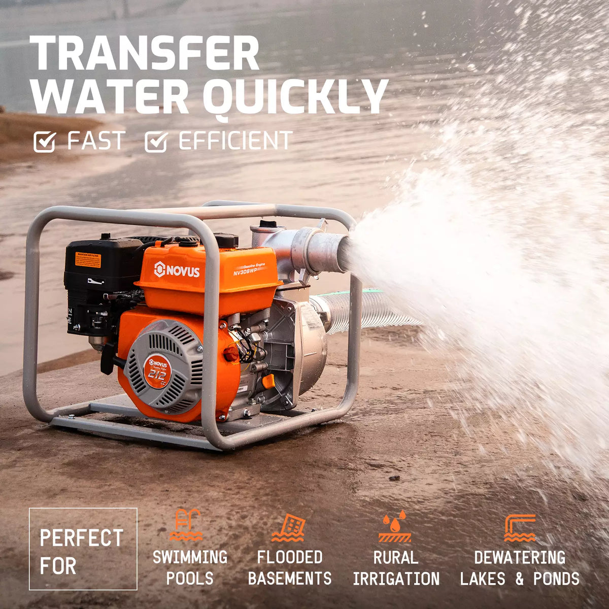 NOVUS Semi Trash Pump 3 Inch, 212cc 4 Cycle Engine, 238 GPM 100ft Lift 23ft Suction, Gas Powered Water Pump for Pond Pool Draining Gardening Irrigation, EPA Certified
