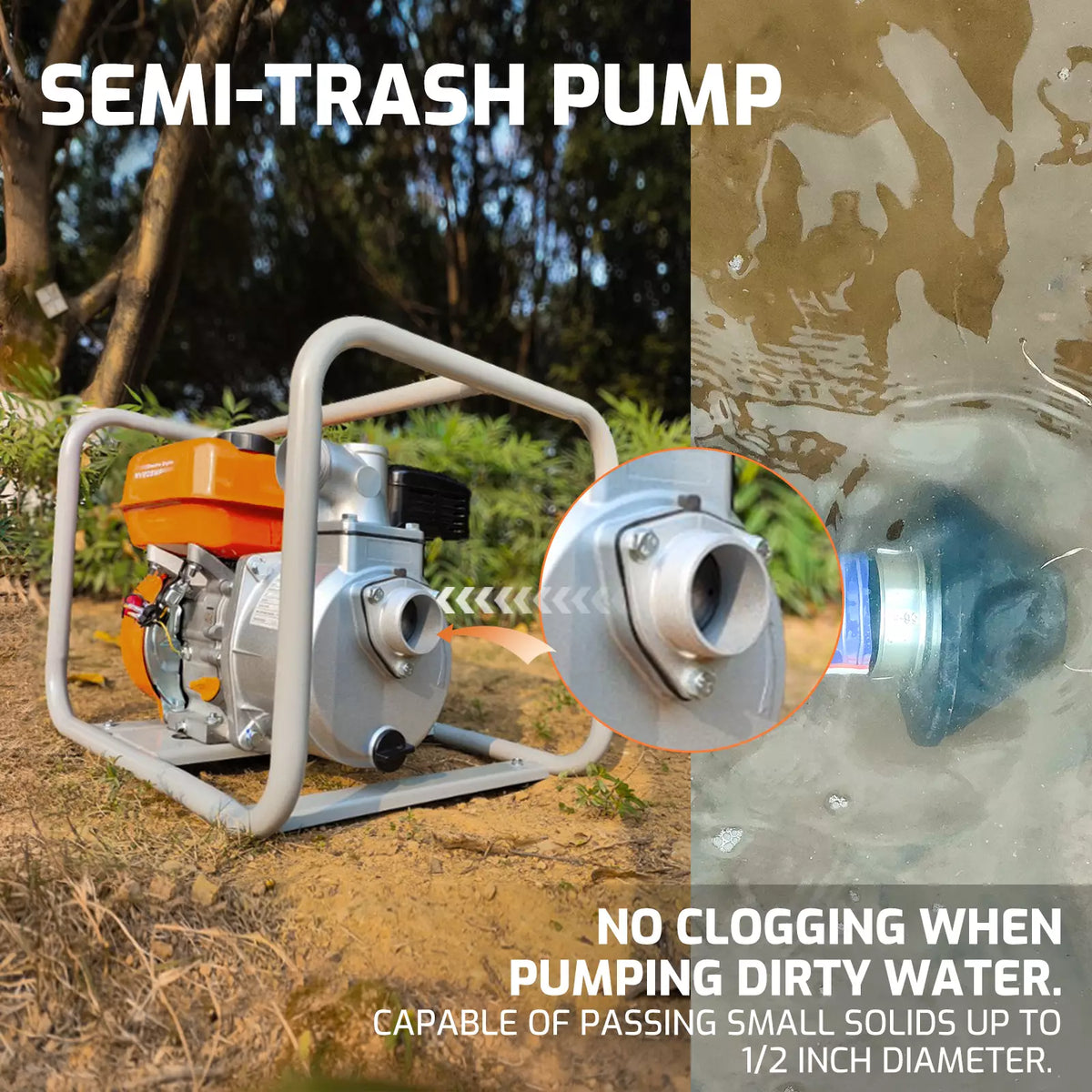 NOVUS Semi Trash Pump 3 Inch, 212cc 4 Cycle Engine, 238 GPM 100ft Lift 23ft Suction, Gas Powered Water Pump for Pond Pool Draining Gardening Irrigation, EPA Certified