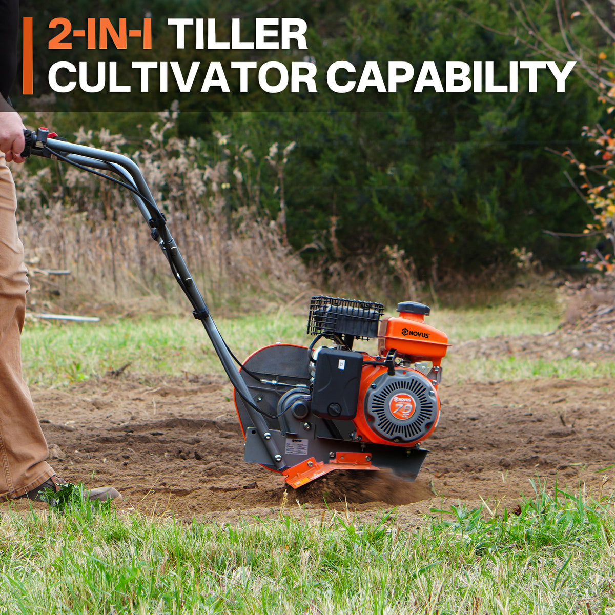 NOVUS 2-in-1 Gas Tiller for Gardening, 4-Cycle Front Tine Tiller Cultivator,9"-17" Tool-Free Tilling Width Adjustment, 24 Steel Tines, Never-Flat Wheels, 79CC Garden Tiller for Lawn, Soil Cultivation