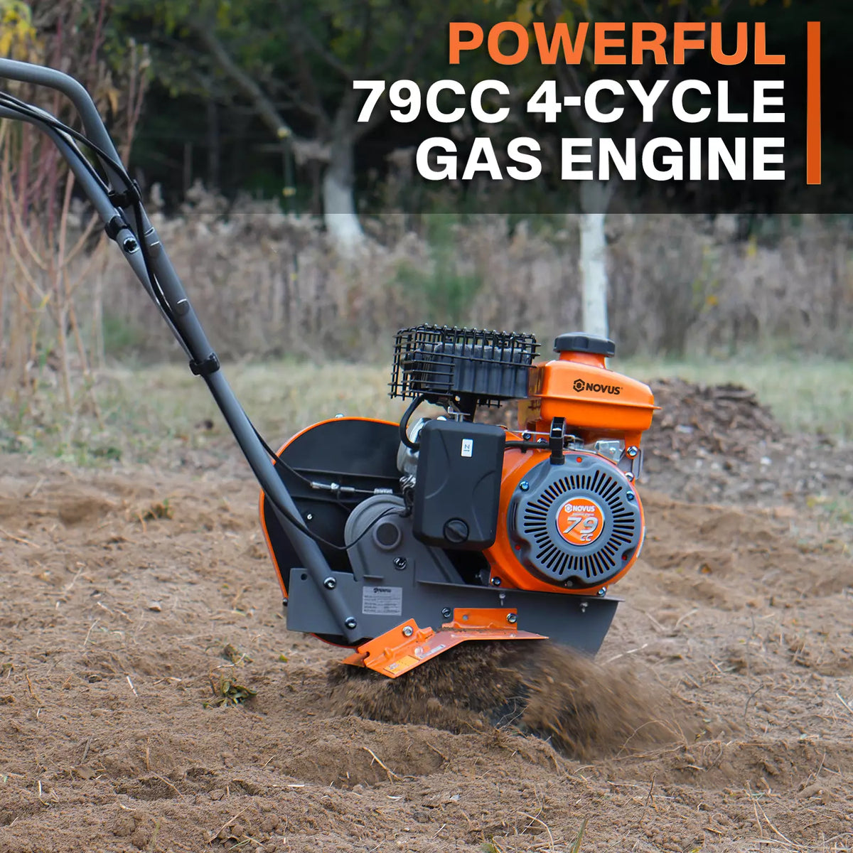NOVUS 2-in-1 Gas Tiller for Gardening, 4-Cycle Front Tine Tiller Cultivator,9"-17" Tool-Free Tilling Width Adjustment, 24 Steel Tines, Never-Flat Wheels, 79CC Garden Tiller for Lawn, Soil Cultivation