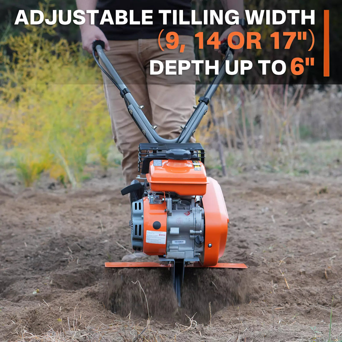 NOVUS 2-in-1 Gas Tiller for Gardening, 4-Cycle Front Tine Tiller Cultivator,9"-17" Tool-Free Tilling Width Adjustment, 24 Steel Tines, Never-Flat Wheels, 79CC Garden Tiller for Lawn, Soil Cultivation