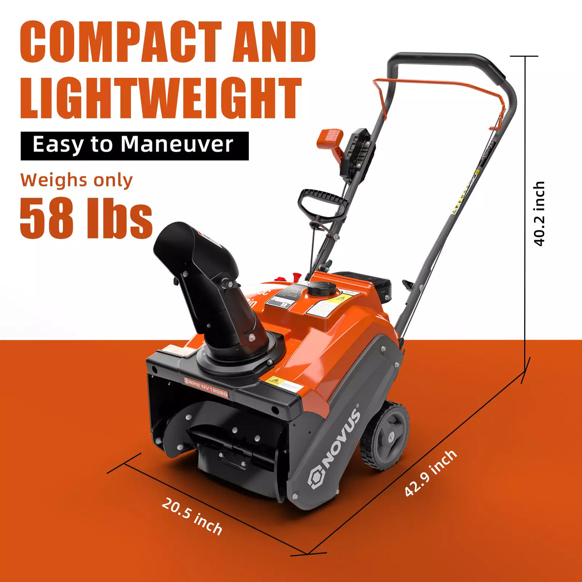 NOVUS Single Stage Gas Snow Blower, 18" Clearing Width, 10.5" Clearing Depth, 190° Remote Chute Control, Compact, Lightweight Design, Steel-Reinforced Rubber Auger, Recoil Start