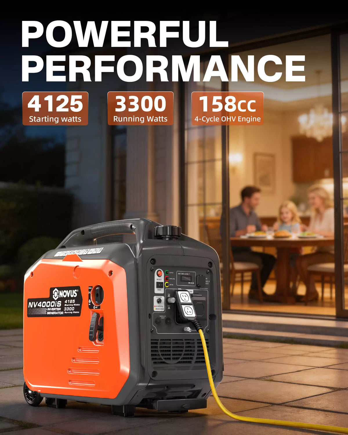 NOVUS 4125W Inverter Generator with Wheels, Portable Gas Powered Generator | Telescoping Handle, Quiet Gas Generators for Home Use, Camping, Emergency Backup, 30A RV Outlet, CO Sensor