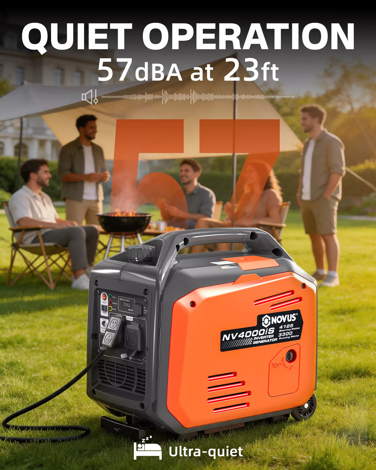NOVUS 4125W Inverter Generator with Wheels, Portable Gas Powered Generator | Telescoping Handle, Quiet Gas Generators for Home Use, Camping, Emergency Backup, 30A RV Outlet, CO Sensor