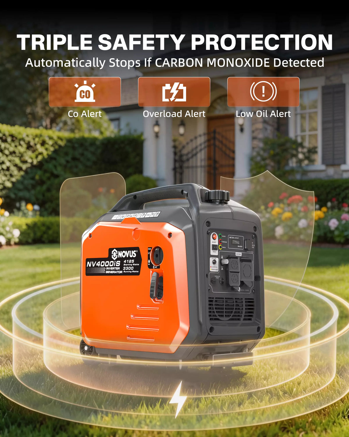 NOVUS 4125W Inverter Generator with Wheels, Portable Gas Powered Generator | Telescoping Handle, Quiet Gas Generators for Home Use, Camping, Emergency Backup, 30A RV Outlet, CO Sensor
