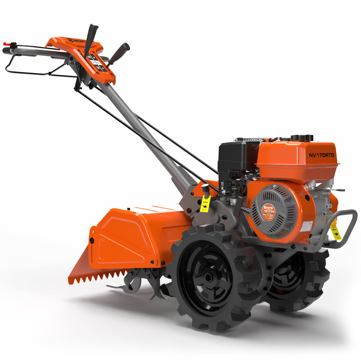 NOVUS 17 Inch Dual Direction Rear Tine Tiller, 212CC 4 Cycle Gas Engine, Independent Control Panel, Instant Reverse Power Tiller with 14” Tires, Gas Tiller for Gardening Farming