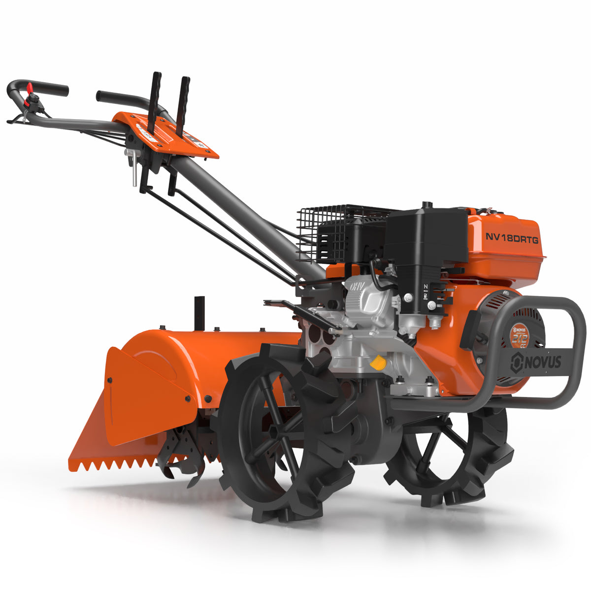 NOVUS 18-Inch Dual Direction Rear Tine Tiller, 212cc 4-Cycle Gas Engine, Full Gear Transmission, Dual Rotating Tines, Airless Tires Gas Tiller for Small to Large Gardens