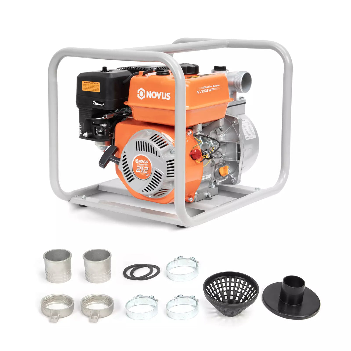 NOVUS 2-Inch Semi Trash Pump with Foldable Handle and Wheels, 212cc 4 Cycle Engine, 50ft Discharge Hose, 12ft Suction Hose with Quick Cam Lock Coupler,Gas Powered Irrigation Water Pump, EPA Certified