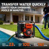 NOVUS 2-inch Semi Trash Pump, 212cc 4 Cycle Engine, 141 GPM 100ft Lift 23ft Suction, Gas Powered Water Pump for Pond Pool Draining Gardening Irrigation,EPA Certified