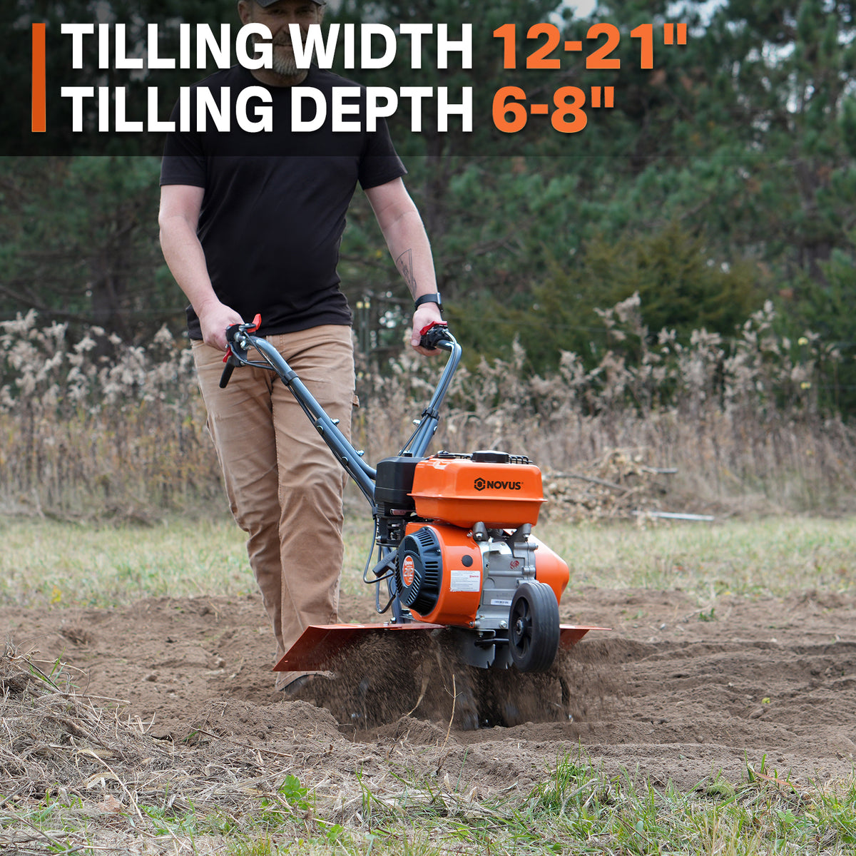 NOVUS 212cc 4 Cycle Front Tine Tiller Cultivator, Tilling Width Adjustment 12"-21", Forward and Reverse Controls, Airless Tires, Powerfull Gas Tiller for Gardening Weeding Cultivating Digging