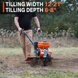 NOVUS 212cc 4 Cycle Front Tine Tiller Cultivator, Tilling Width Adjustment 12"-21", Forward and Reverse Controls, Airless Tires, Powerfull Gas Tiller for Gardening Weeding Cultivating Digging