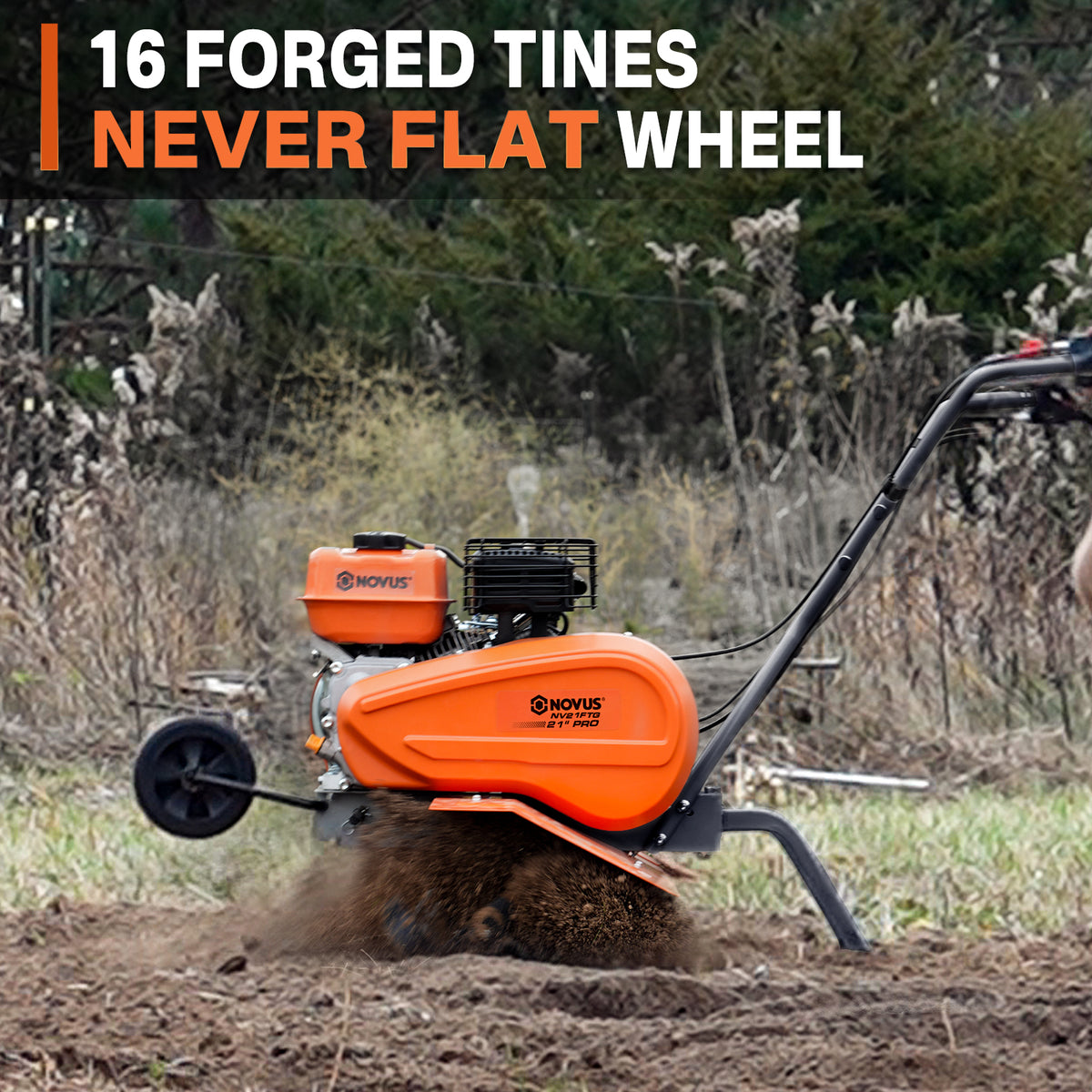 NOVUS 212cc 4 Cycle Front Tine Tiller Cultivator, Tilling Width Adjustment 12"-21", Forward and Reverse Controls, Airless Tires, Powerfull Gas Tiller for Gardening Weeding Cultivating Digging