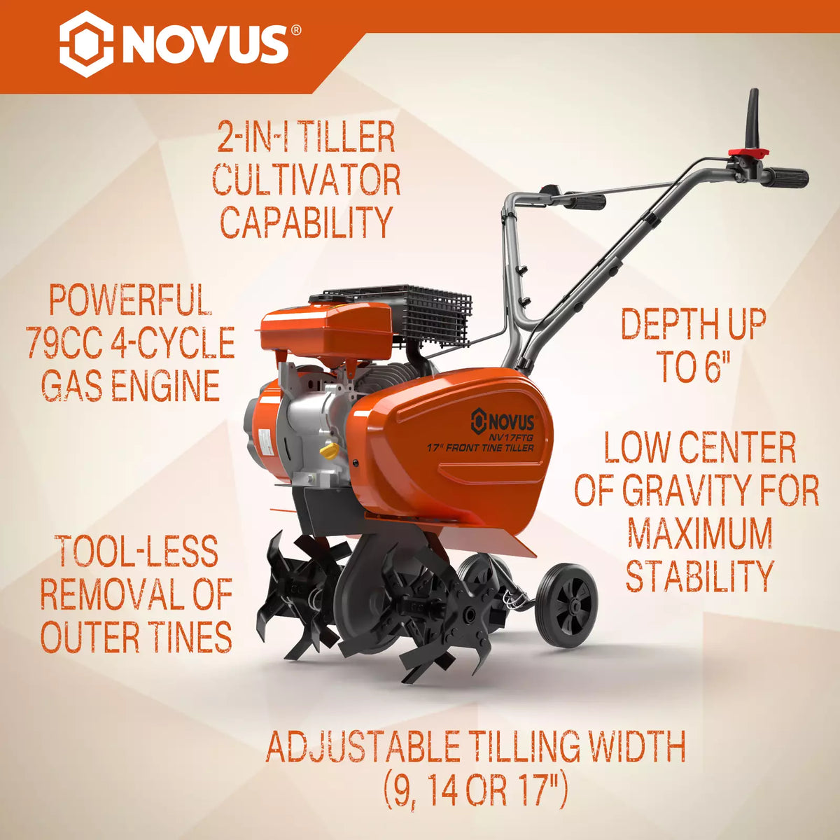 NOVUS 2-in-1 Gas Tiller for Gardening, 4-Cycle Front Tine Tiller Cultivator,9"-17" Tool-Free Tilling Width Adjustment, 24 Steel Tines, Never-Flat Wheels, 79CC Garden Tiller for Lawn, Soil Cultivation