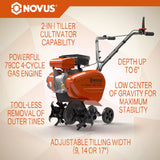NOVUS 2-in-1 Gas Tiller for Gardening, 4-Cycle Front Tine Tiller Cultivator,9"-17" Tool-Free Tilling Width Adjustment, 24 Steel Tines, Never-Flat Wheels, 79CC Garden Tiller for Lawn, Soil Cultivation
