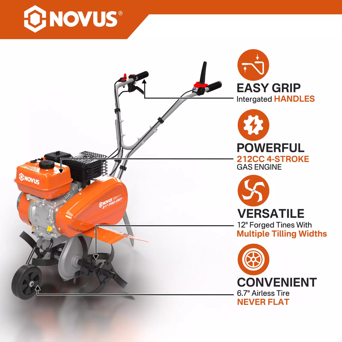 NOVUS 212cc 4 Cycle Front Tine Tiller Cultivator, Tilling Width Adjustment 12"-21", Forward and Reverse Controls, Airless Tires, Powerfull Gas Tiller for Gardening Weeding Cultivating Digging
