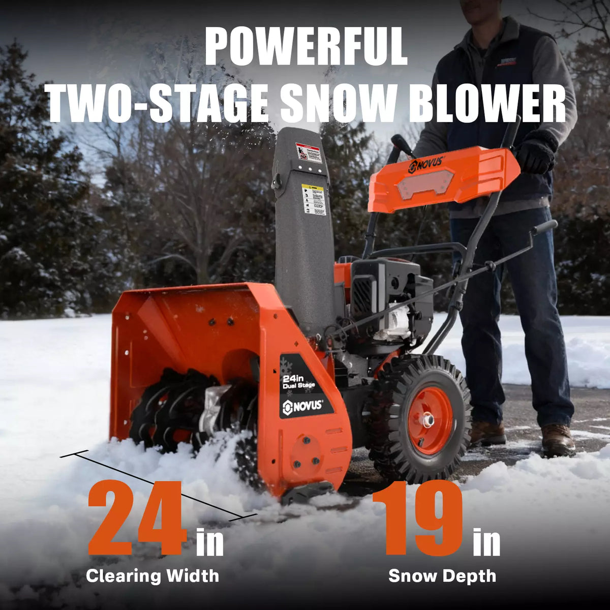 NOVUS Gas Snow Blower 24 Inch, 2 Stage Self Propelled Snow Thrower, 212cc OHV Snow Engine with Electric Start, Steel Auger, LED Headlight, 190° Chute Rotation, Up to 40ft Throwing Distance