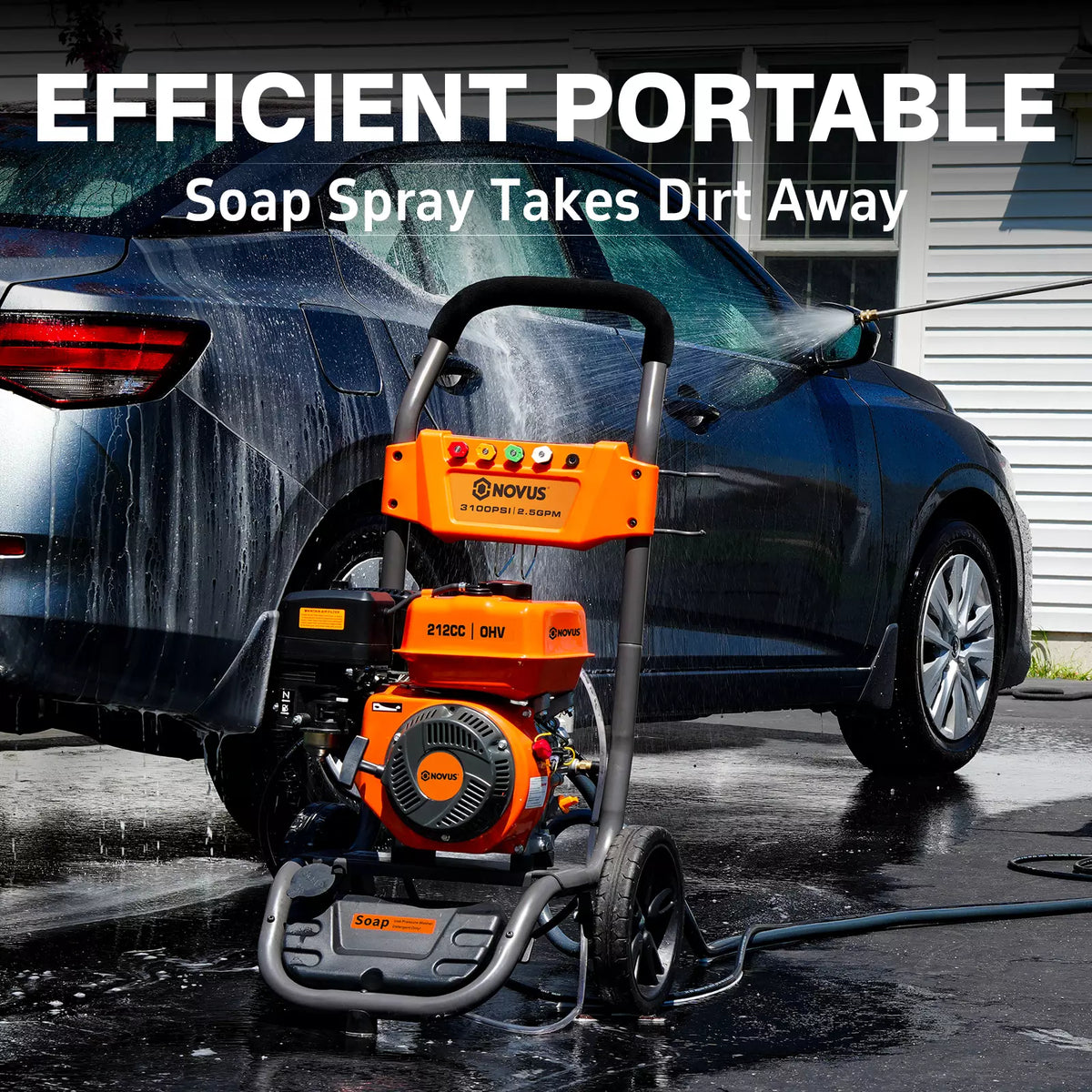 NOVUS Gas Pressure Washer, 3100 PSI 2.5 GPM Power Washer, 30FT Hose, 5 Nozzles, Onboard Soap Tank, Steel Spray Wand, Portable Gas Powered Pressure Washer for Vehicles Driveways Patios Fences Furniture