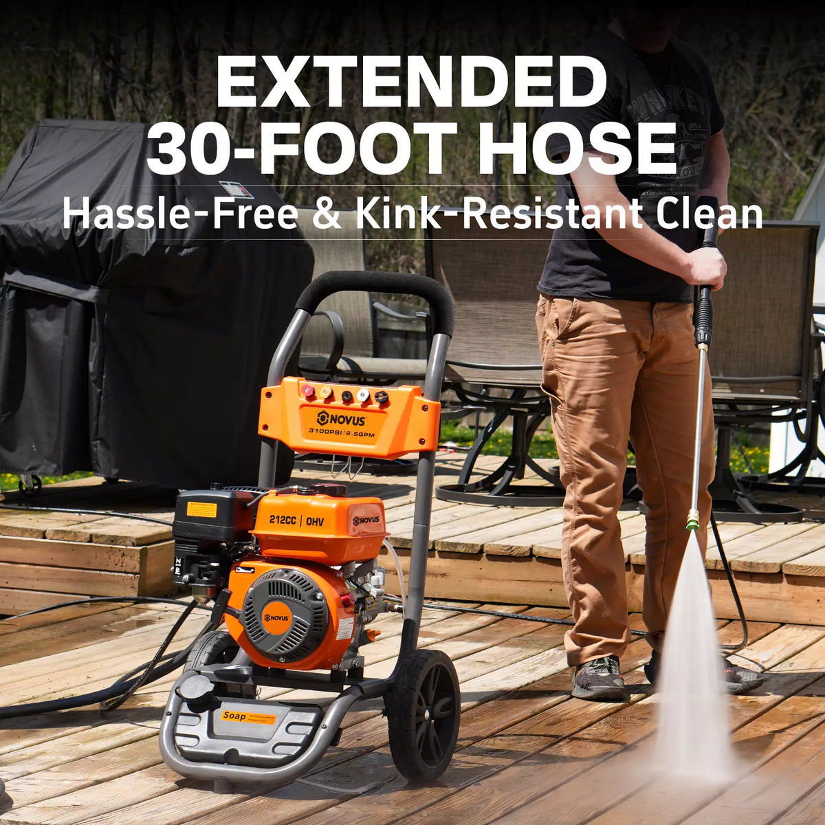 NOVUS Gas Pressure Washer, 3100 PSI 2.5 GPM Power Washer, 30FT Hose, 5 Nozzles, Onboard Soap Tank, Steel Spray Wand, Portable Gas Powered Pressure Washer for Vehicles Driveways Patios Fences Furniture