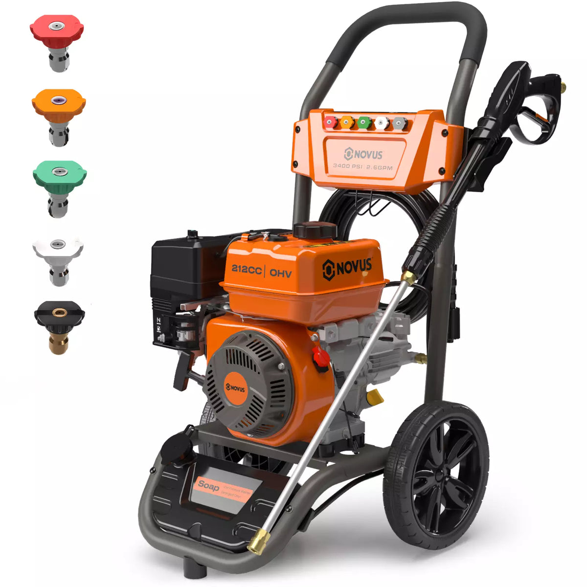 NOVUS Gas Pressure Washer 3400 PSI, 2.6 GPM Power Washer with 30FT Extra-Long Hose, 5 Nozzles, Onboard Soap Tank, 212CC Engine, Spray Gun and Wand, for Vehicles Driveways Patios Fences Furniture