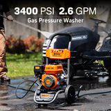 NOVUS Gas Pressure Washer 3400 PSI, 2.6 GPM Power Washer with 30FT Extra-Long Hose, 5 Nozzles, Onboard Soap Tank, 212CC Engine, Spray Gun and Wand, for Vehicles Driveways Patios Fences Furniture