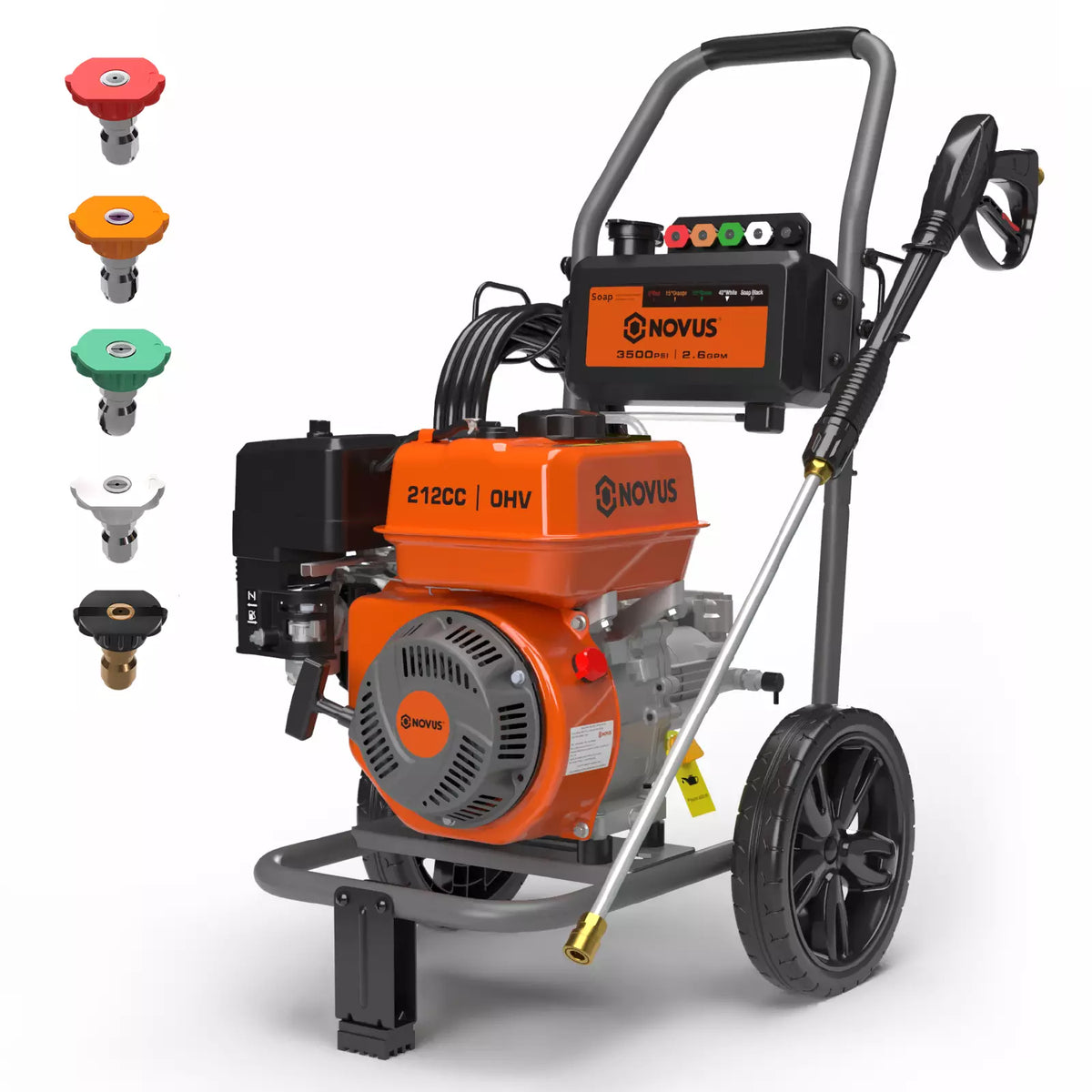 NOVUS Gas Pressure Washer 3500 PSI 2.6 GPM, 212cc Engine | with Onboard Soap Tank, 5 Nozzles, Spray Gun, Wand, 30-ft Hose,for Driveways, Concrete, Patios, and Home Outdoor Cleaning
