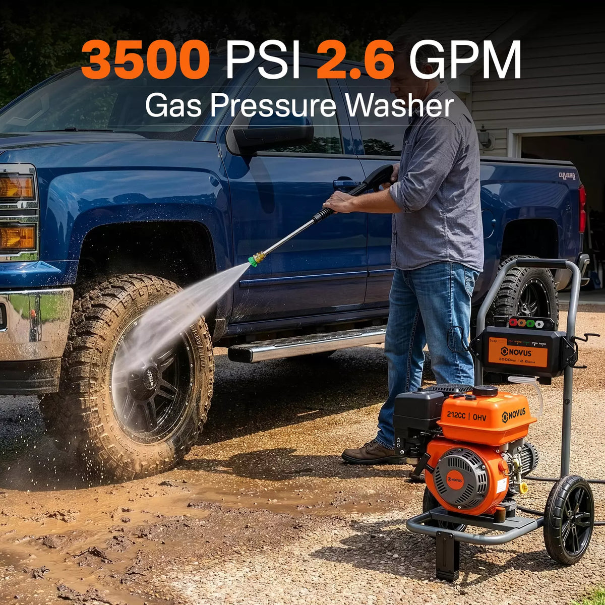 NOVUS Gas Pressure Washer 3500 PSI 2.6 GPM, 212cc Engine | with Onboard Soap Tank, 5 Nozzles, Spray Gun, Wand, 30-ft Hose,for Driveways, Concrete, Patios, and Home Outdoor Cleaning