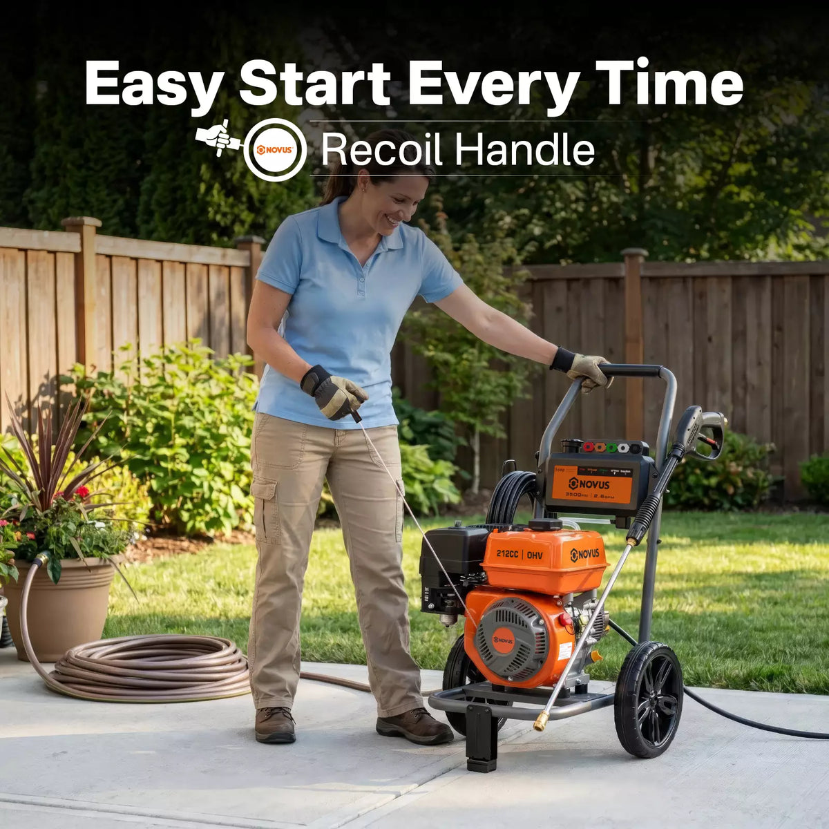 NOVUS Gas Pressure Washer 3500 PSI 2.6 GPM, 212cc Engine | with Onboard Soap Tank, 5 Nozzles, Spray Gun, Wand, 30-ft Hose,for Driveways, Concrete, Patios, and Home Outdoor Cleaning