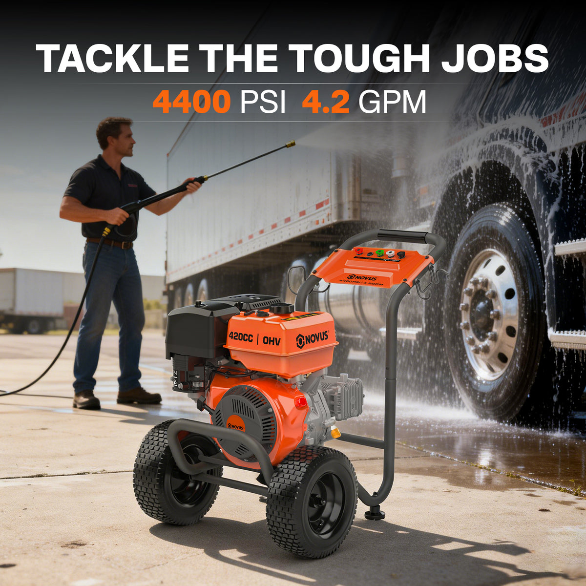 NOVUS Gas Pressure Washer 4400 PSI 4.2 GPM 420CC Engine, Commercial Power Washer with Industrial AR Triplex Pump, 50FT Extra-Long Hose, 5 Quick Connect Nozzles, Spray Gun and 31" Wand