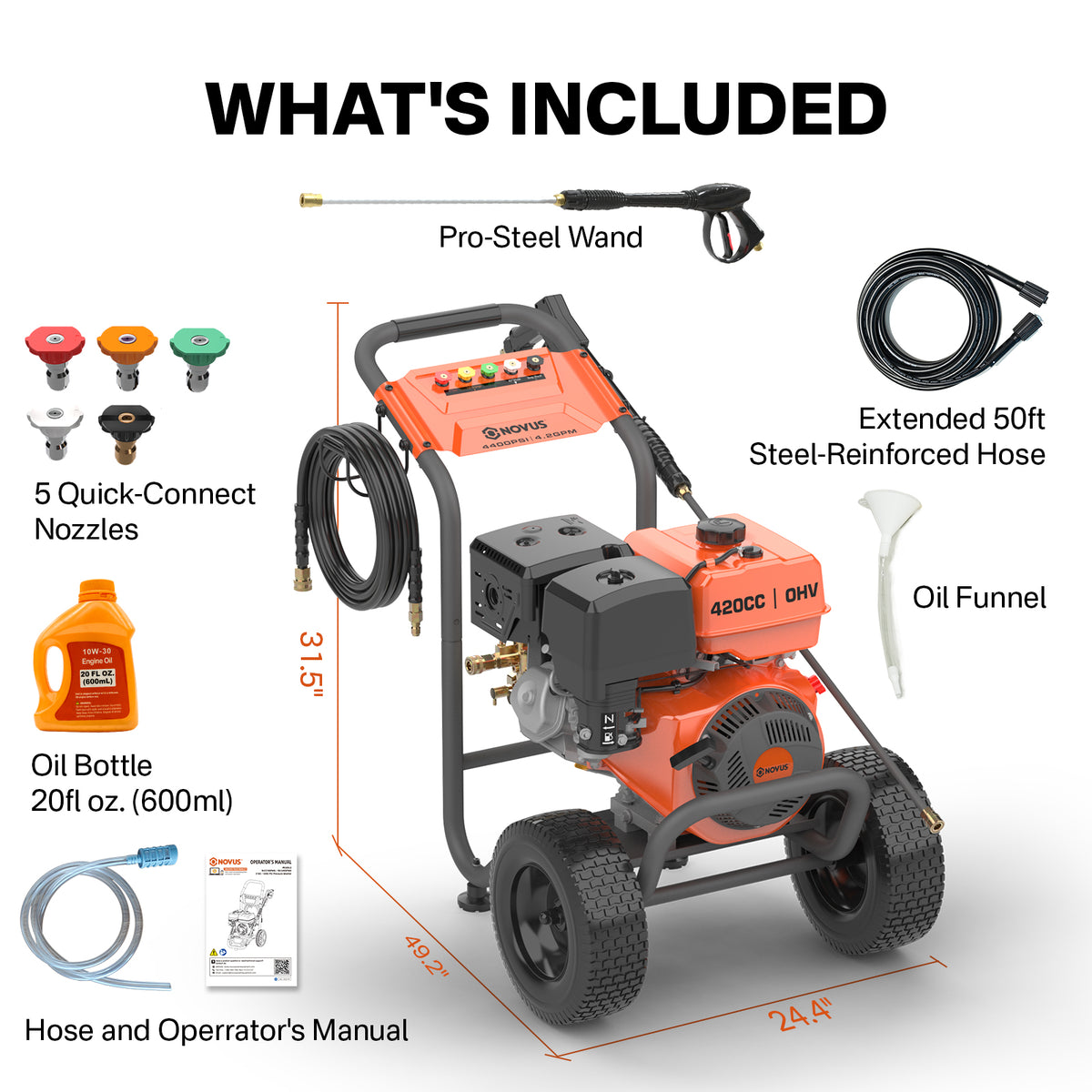 NOVUS Gas Pressure Washer 4400 PSI 4.2 GPM 420CC Engine, Commercial Power Washer with Industrial AR Triplex Pump, 50FT Extra-Long Hose, 5 Quick Connect Nozzles, Spray Gun and 31" Wand