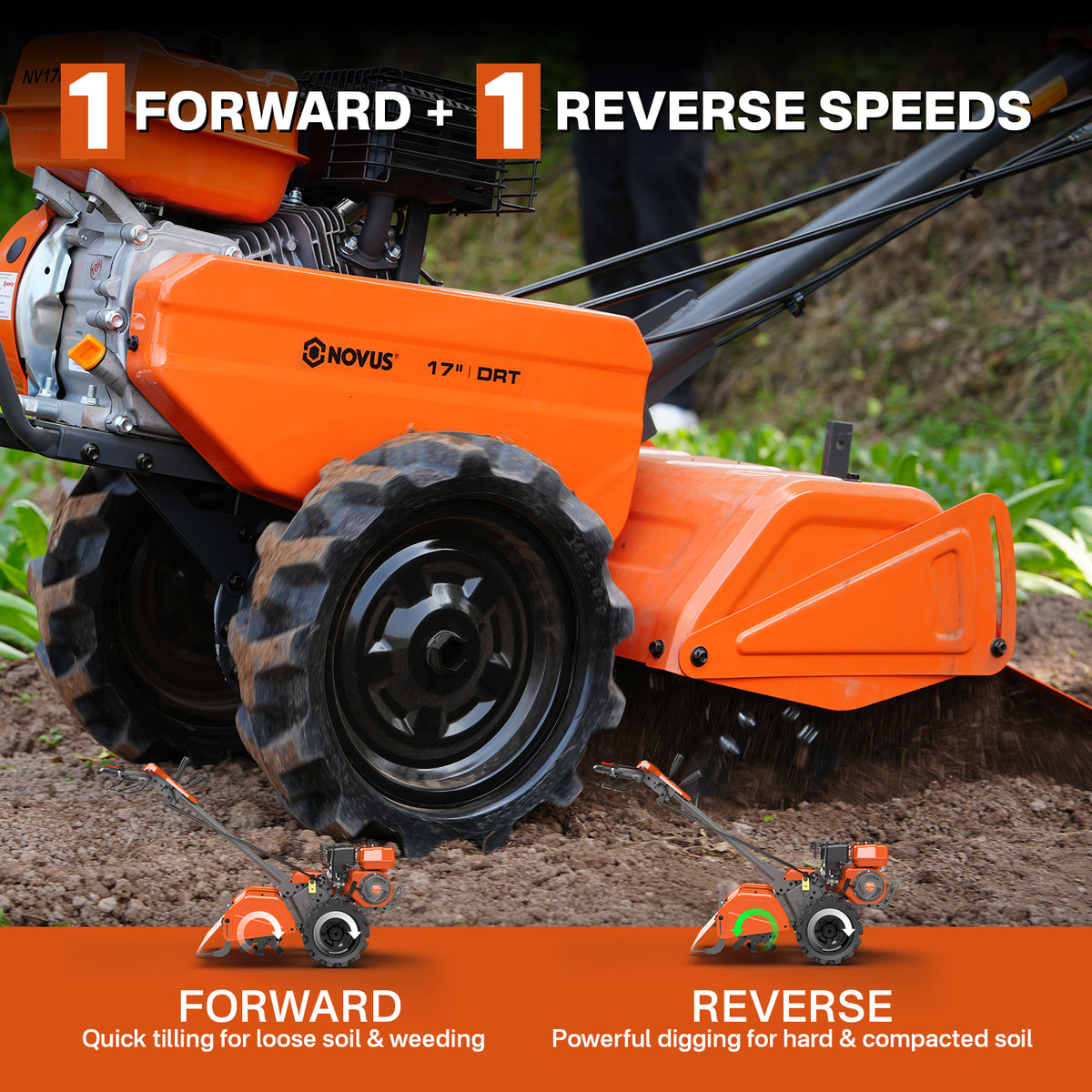 NOVUS 17 Inch Dual Direction Rear Tine Tiller, 212CC 4 Cycle Gas Engine, Independent Control Panel, Instant Reverse Power Tiller with 14” Tires, Gas Tiller for Gardening Farming