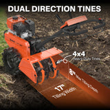 NOVUS 17 Inch Dual Direction Rear Tine Tiller, 212CC 4 Cycle Gas Engine, Independent Control Panel, Instant Reverse Power Tiller with 14” Tires, Gas Tiller for Gardening Farming