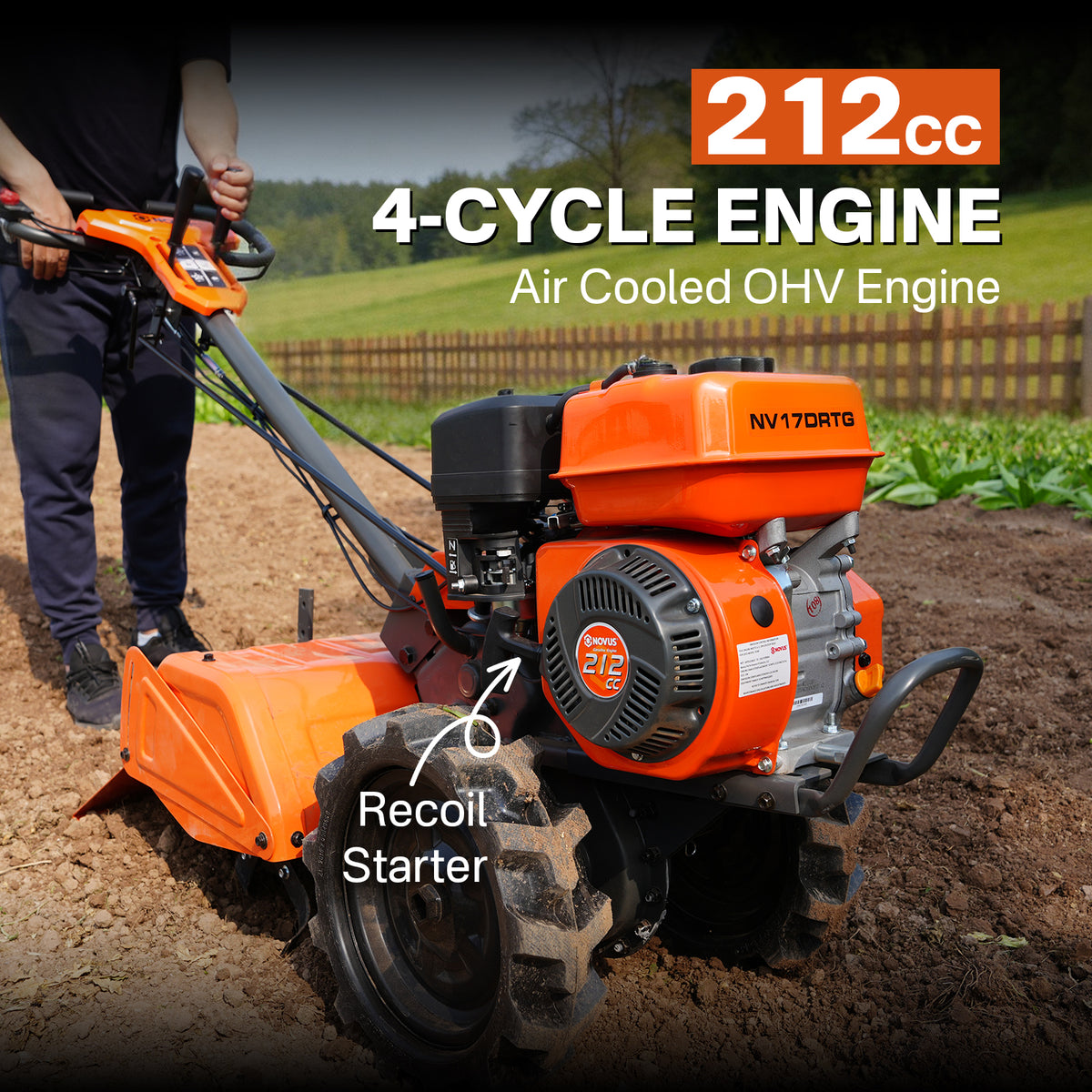 NOVUS 17 Inch Dual Direction Rear Tine Tiller, 212CC 4 Cycle Gas Engine, Independent Control Panel, Instant Reverse Power Tiller with 14” Tires, Gas Tiller for Gardening Farming