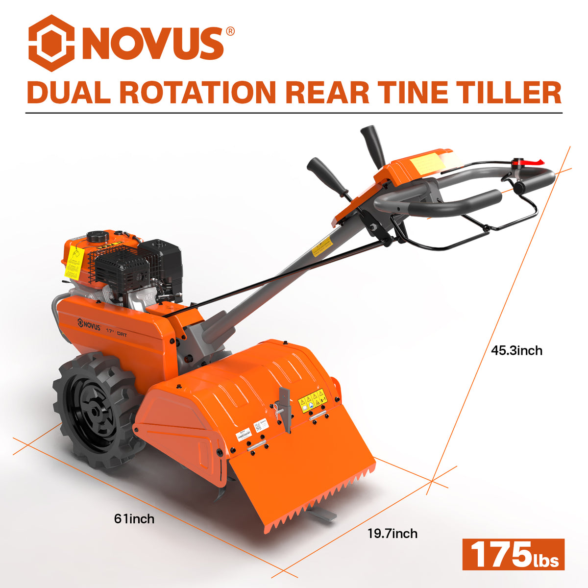 NOVUS 17 Inch Dual Direction Rear Tine Tiller, 212CC 4 Cycle Gas Engine, Independent Control Panel, Instant Reverse Power Tiller with 14” Tires, Gas Tiller for Gardening Farming