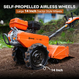 NOVUS 17 Inch Dual Direction Rear Tine Tiller, 212CC 4 Cycle Gas Engine, Independent Control Panel, Instant Reverse Power Tiller with 14” Tires, Gas Tiller for Gardening Farming